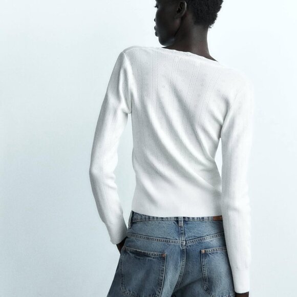 Zara White Pointelle Long Sleeve Top - Picture 2 of 8